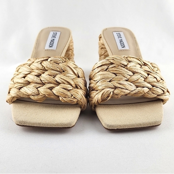 STEVE MADDEN Laveda Woven Natural Slip On Sandals Block Heel Square Toe Sz 6.5M - Picture 5 of 12
